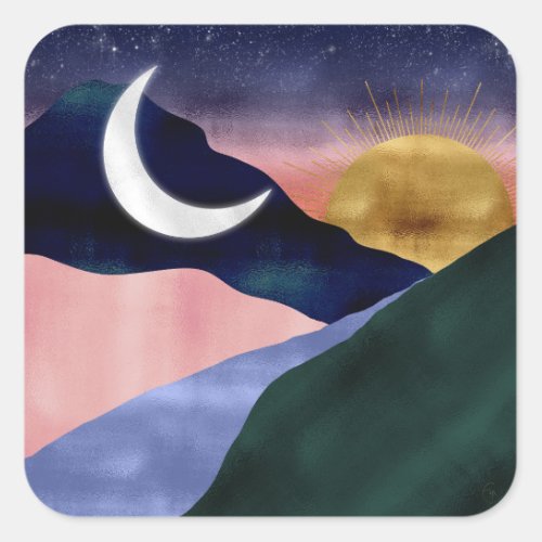 Beautiful Mountain River Moon Sunset Design Square Sticker