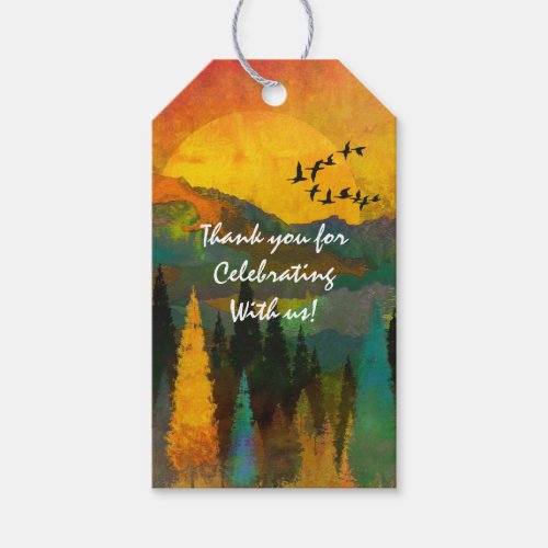 Beautiful Mountain Sunset Trees and Birds Wedding Gift Tags