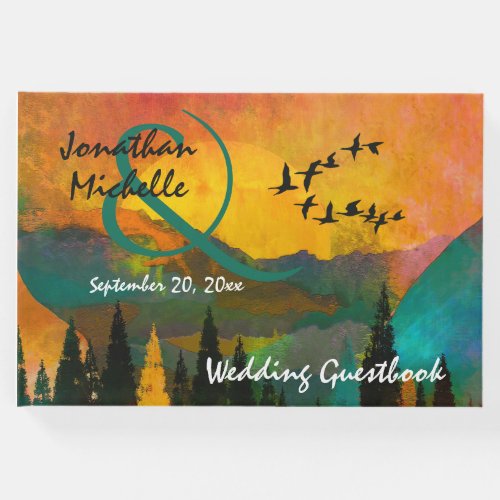 Beautiful Mountain Sunset Trees and Birds Wedding Guest Book