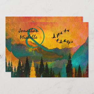 Beautiful Mountain Sunset, Trees and Birds Wedding Invitation