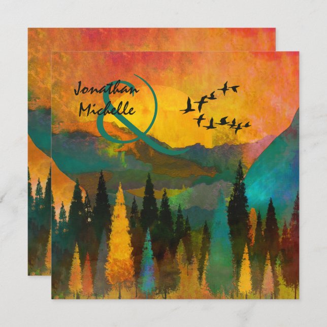 Beautiful Mountain Sunset, Trees and Birds Wedding Invitation (Front/Back)