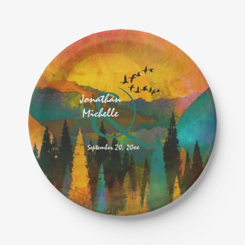 Beautiful Mountain Sunset Trees and Birds Wedding Paper Plates