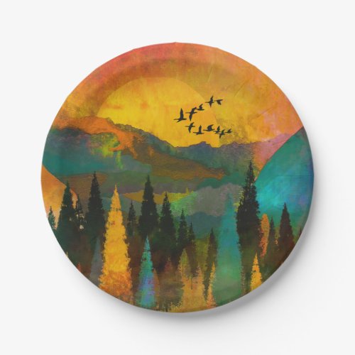 Beautiful Mountain Sunset Trees and Birds Wedding Paper Plates