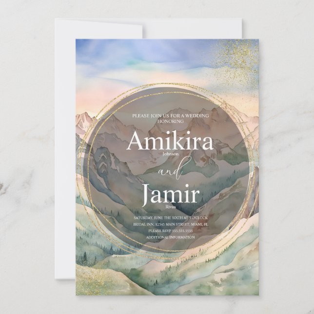 Beautiful Mountain Watercolor Glitter Wedding Invitation (Front)