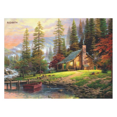 Beautiful Mountain Wooden Chalet On River Shore Tablecloth