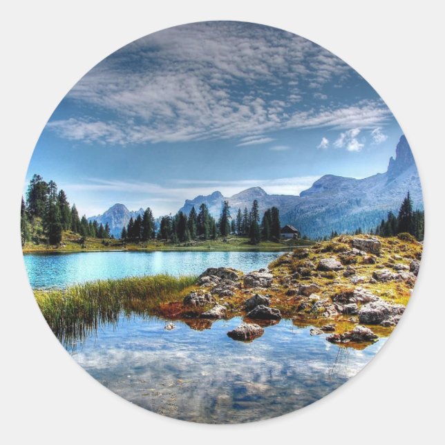 Beautiful Mountains Meadows Lake Scene Stickers (Front)