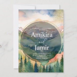 Beautiful Mountains Watercolor Glitter Wedding Invitation