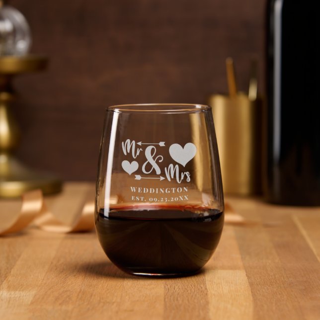 Beautiful Mr. & Mrs. | Hearts Etched Stemless Wine Glass (Party)