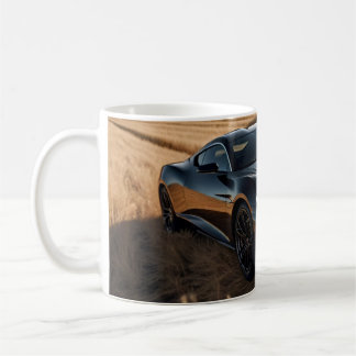 Beautiful mug of luxury black car in dry field
