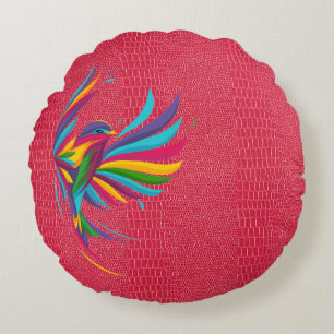 Beautiful Multi Color Bird With Red Round Pillow