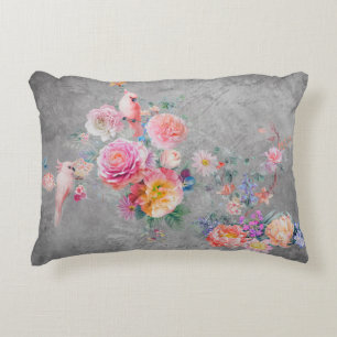 Beautiful multi-colored flowers and birds on concr accent pillow