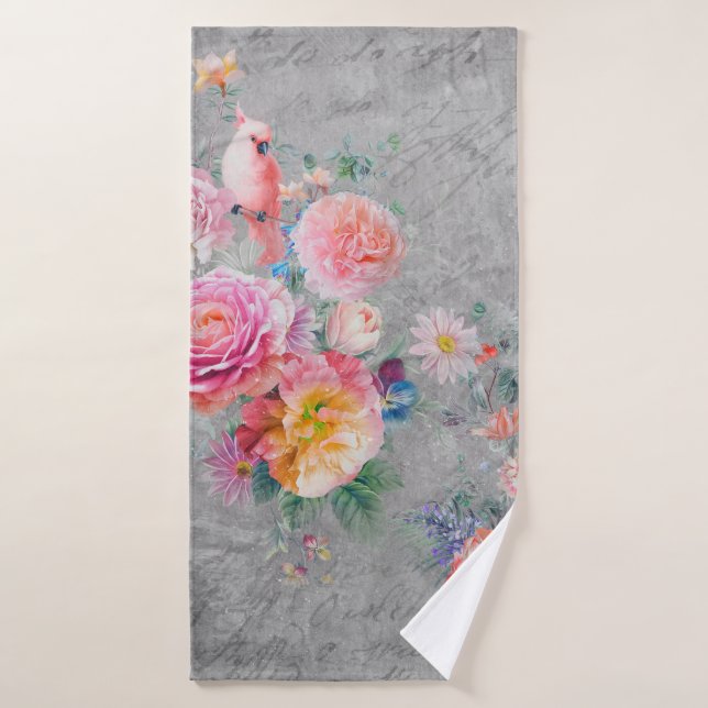 Beautiful multi-colored flowers and birds on concr bath towel (Bath Towel)