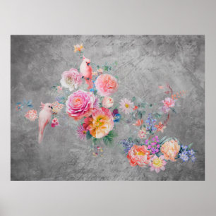 Beautiful multi-colored flowers and birds on concr poster
