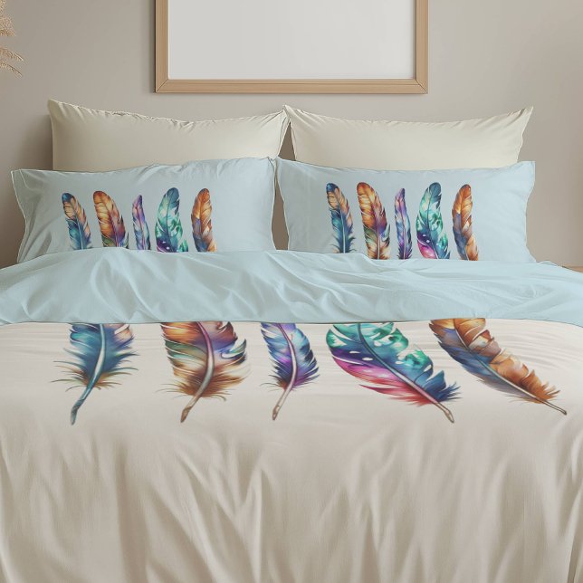 Beautiful Multicolor Boho Feathers - Blue Graphic Pillow Case (Creator Uploaded)