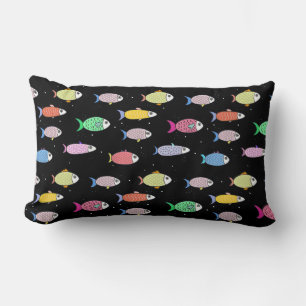 Beautiful Multicolored Fish on Black Lumbar Pillow