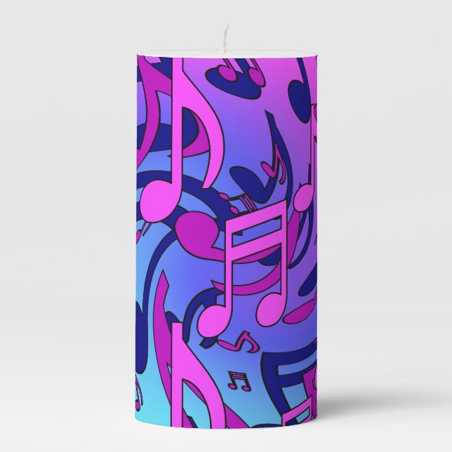 Beautiful Music Lively Notes Pink Purple Blue Aqua Pillar Candle (Front)