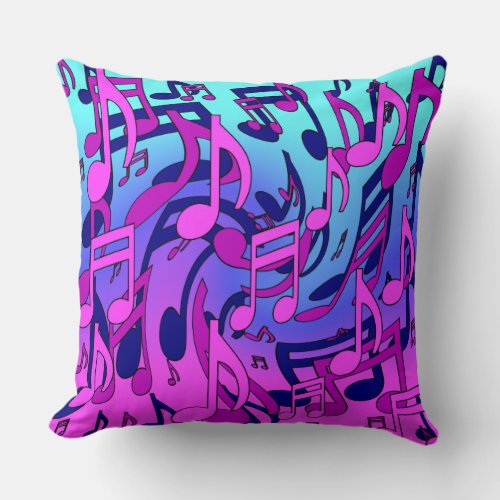 Beautiful Music Lively Notes Pink Purple Blue Aqua Throw Pillow