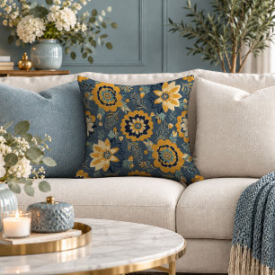 Beautiful Mustard Blue Wildflower Decorative Pillo Throw Pillow