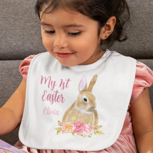 Beautiful My 1st Easter Bunny Flowers Pink Custom Baby Bib