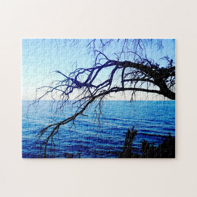 Beautiful Mystic Old Tree Ocean Beach Scene Blue Jigsaw Puzzle (Horizontal)