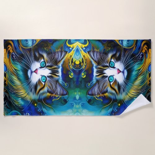 Beautiful Mystical Cat in Blues and Golds Beach Towel