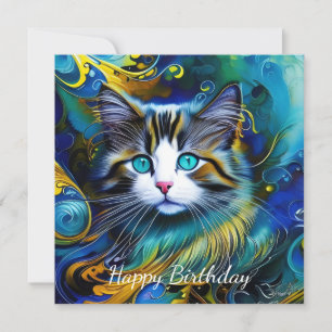 Beautiful Mystical Cat in Blues and Golds Birthday