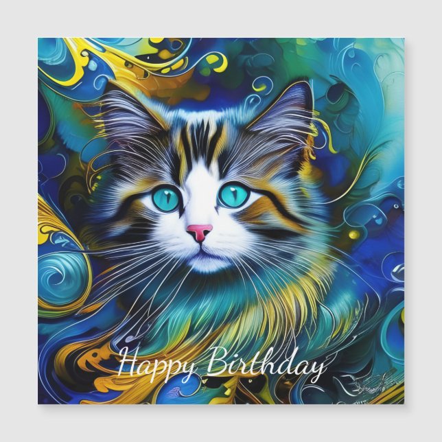 Beautiful Mystical Cat in Blues and Golds Birthday (Front)
