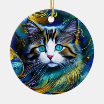 Beautiful Mystical Cat In Blues And Golds Ceramic Ornament by minx267 at Zazzle