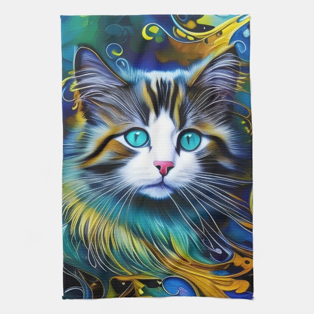 Beautiful Mystical Cat in Blues and Golds Kitchen Towel (Vertical)