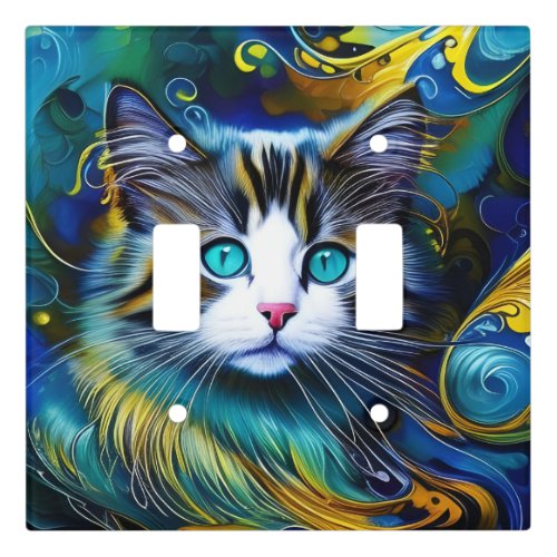 Beautiful Mystical Cat in Blues and Golds Light Switch Cover