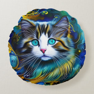 Beautiful Mystical Cat in Blues and Golds Round Pillow