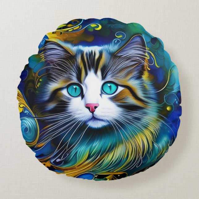 Beautiful Mystical Cat in Blues and Golds Round Pillow (Front)