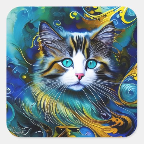 Beautiful Mystical Cat in Blues and Golds Square Sticker