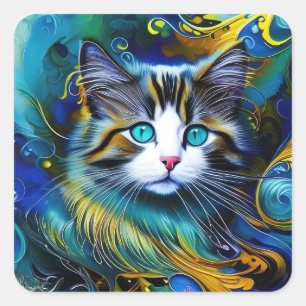 Beautiful Mystical Cat in Blues and Golds Square Sticker