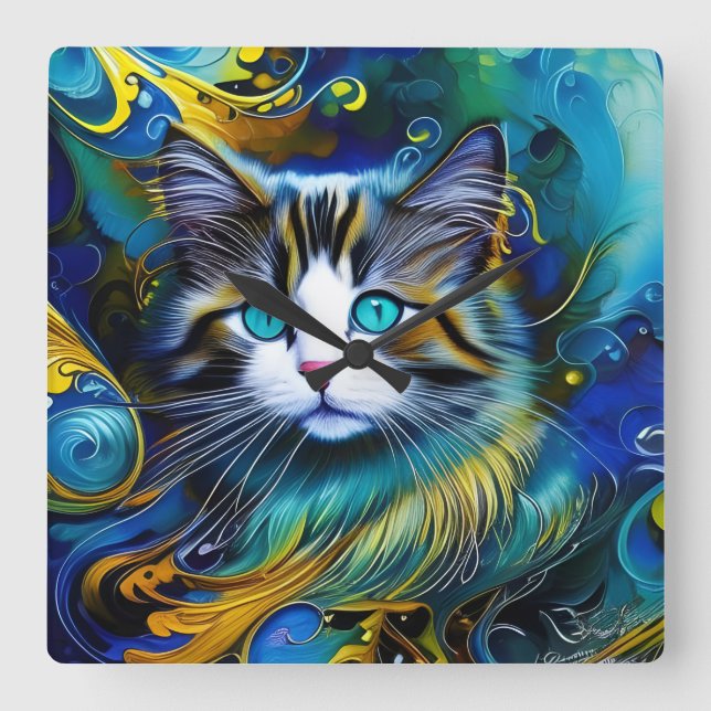 Beautiful Mystical Cat in Blues and Golds Square Wall Clock (Front)