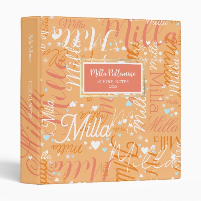 Beautiful Names Hearts School Notes Caramel 3 Ring Binder (Front/Spine)