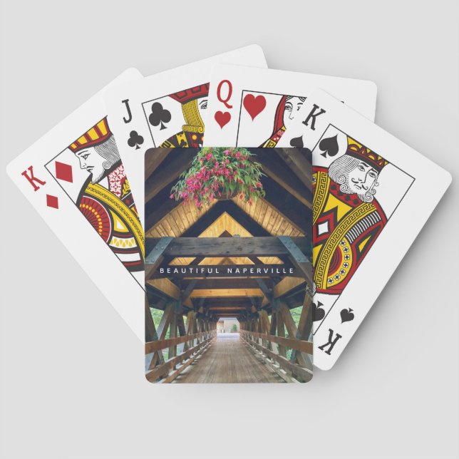 Beautiful Naperville  Covered Bridge with Flowers Poker Cards (Back)