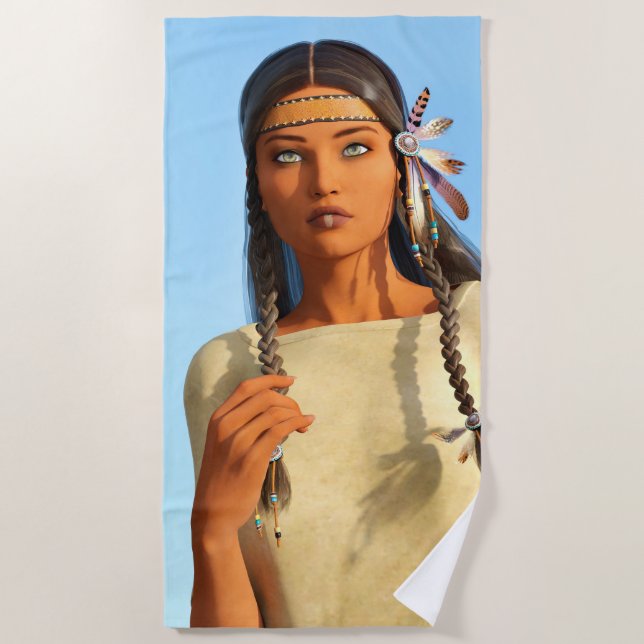 Beautiful Native American Woman Indigenous Outfit Beach Towel (Front)