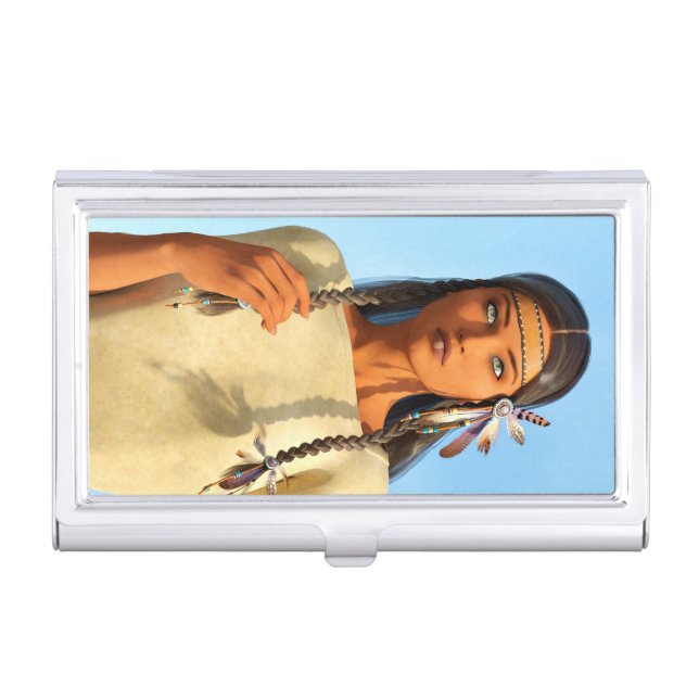Beautiful Native American Woman Indigenous Outfit Business Card Case (Front)