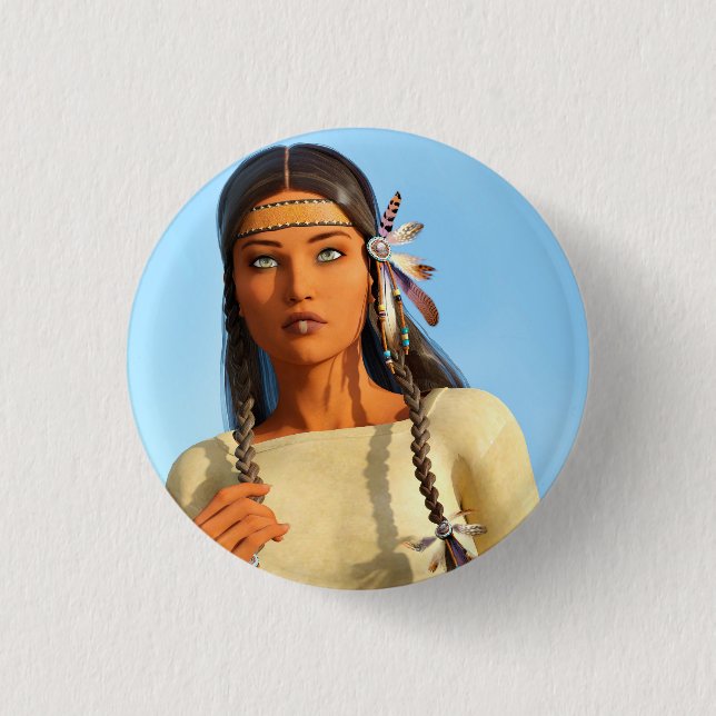 Beautiful Native American Woman Indigenous Outfit Button (Front)