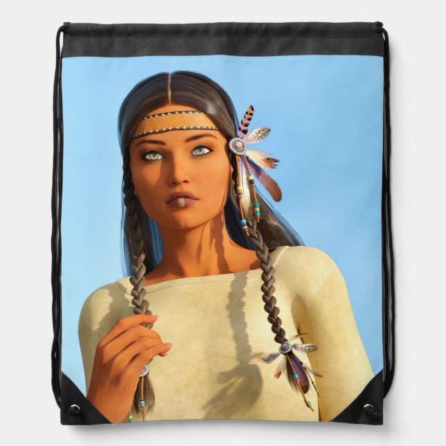 Beautiful Native American Woman Indigenous Outfit Drawstring Bag (Front)