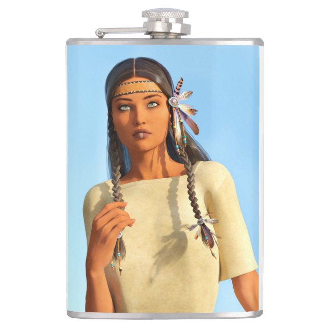 Beautiful Native American Woman Indigenous Outfit Flask (Front)
