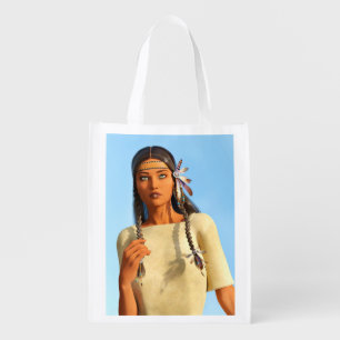 Beautiful Native American Woman Indigenous Outfit Grocery Bag
