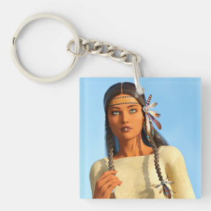 Beautiful Native American Woman Indigenous Outfit Keychain