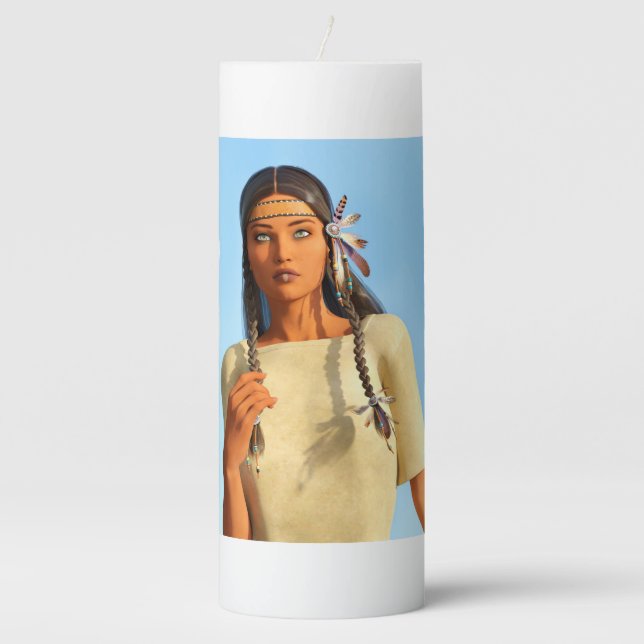 Beautiful Native American Woman Indigenous Outfit Pillar Candle (Front)
