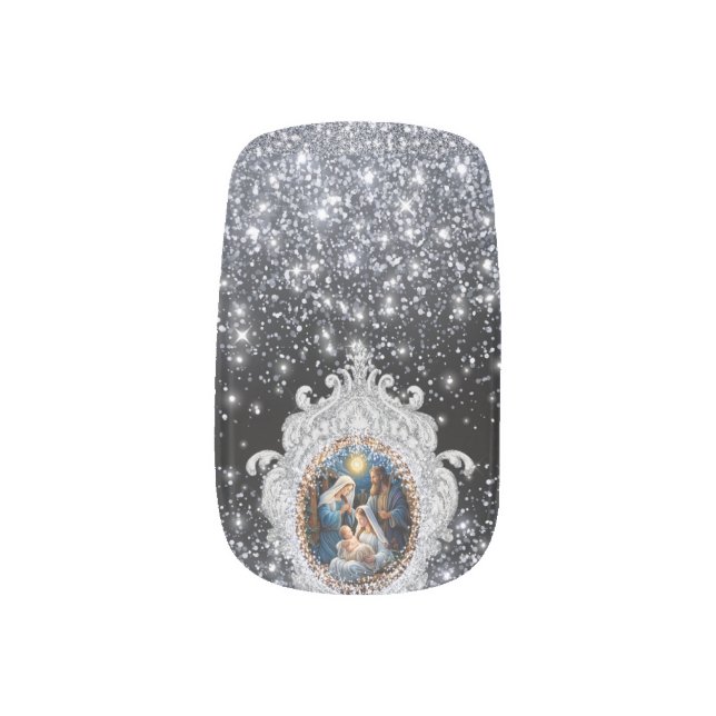 Beautiful Nativity Scene Faux Glitter Minx Nail Art (Left Thumb)