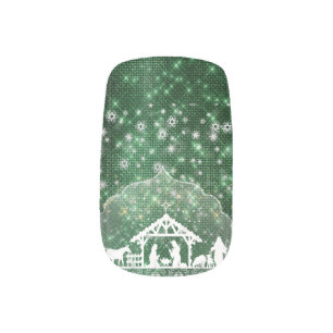 Beautiful Nativity Scene Green Faux Glitter Minx Nail Art