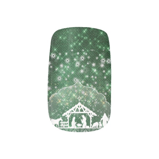 Beautiful Nativity Scene Green Faux Glitter Minx Nail Art (Left Thumb)
