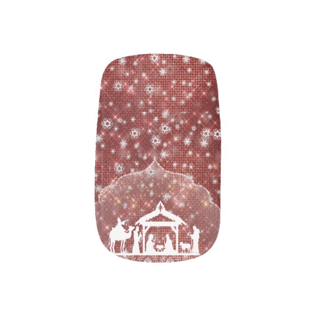 Beautiful Nativity Scene Red Faux Glitter Minx Nail Art (Left Thumb)
