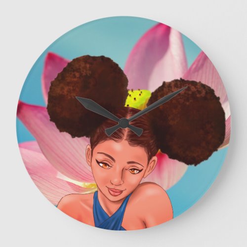 BEAUTIFUL NATURAL AFRO PUFF BLACK GIRL LARGE CLOCK